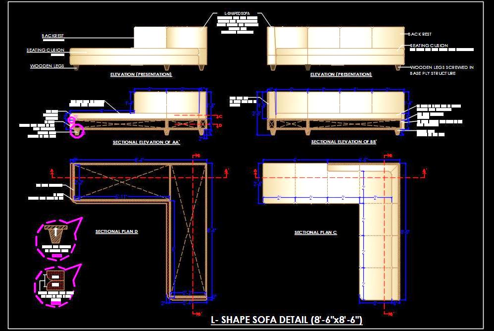 L-Shape Sofa CAD Detail with Wooden Legs